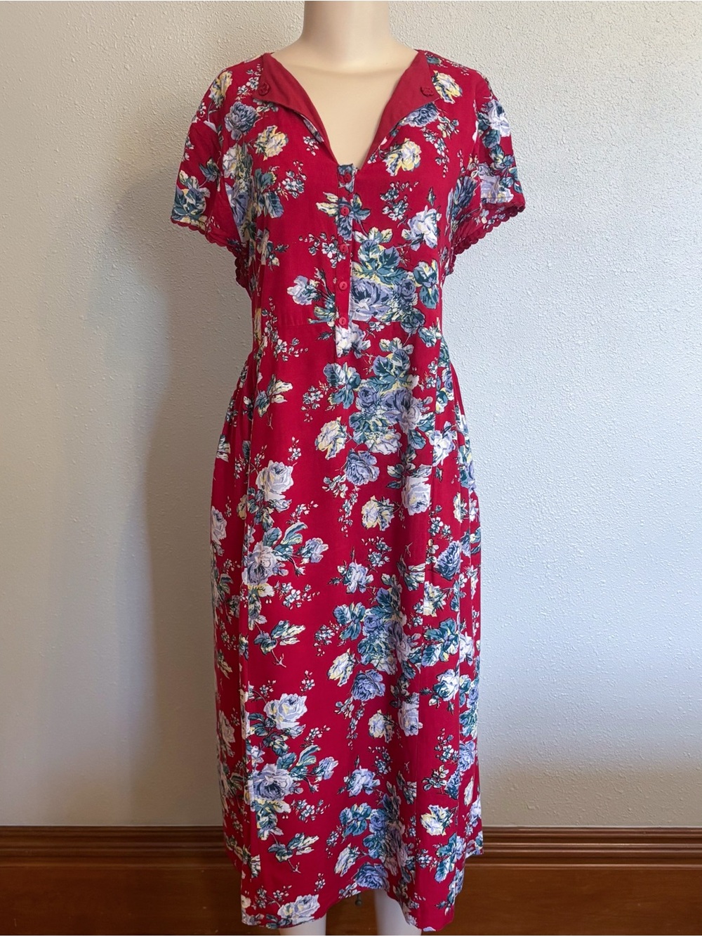 April Cornell Floral Button Down Shirt Dress Tie Back Midi Red Sz Large